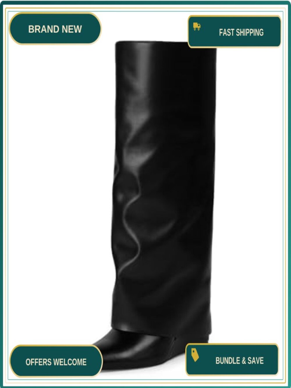 Slouchy Fold Over Knee High Boots Wide Calf Wedge Heel Pointed Toe Faux Leather